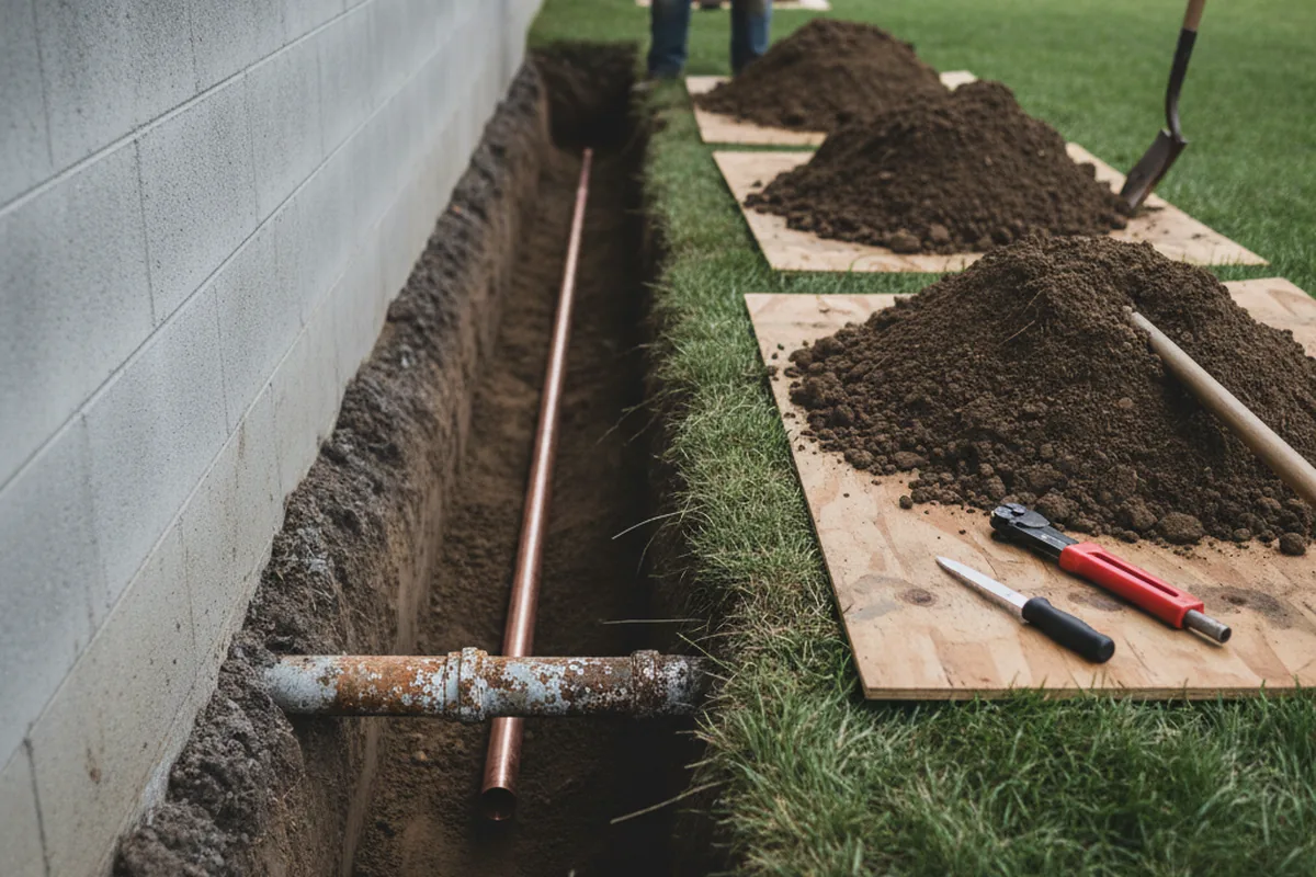 Excavated water line trench during Water Softener Installation in New Canaan